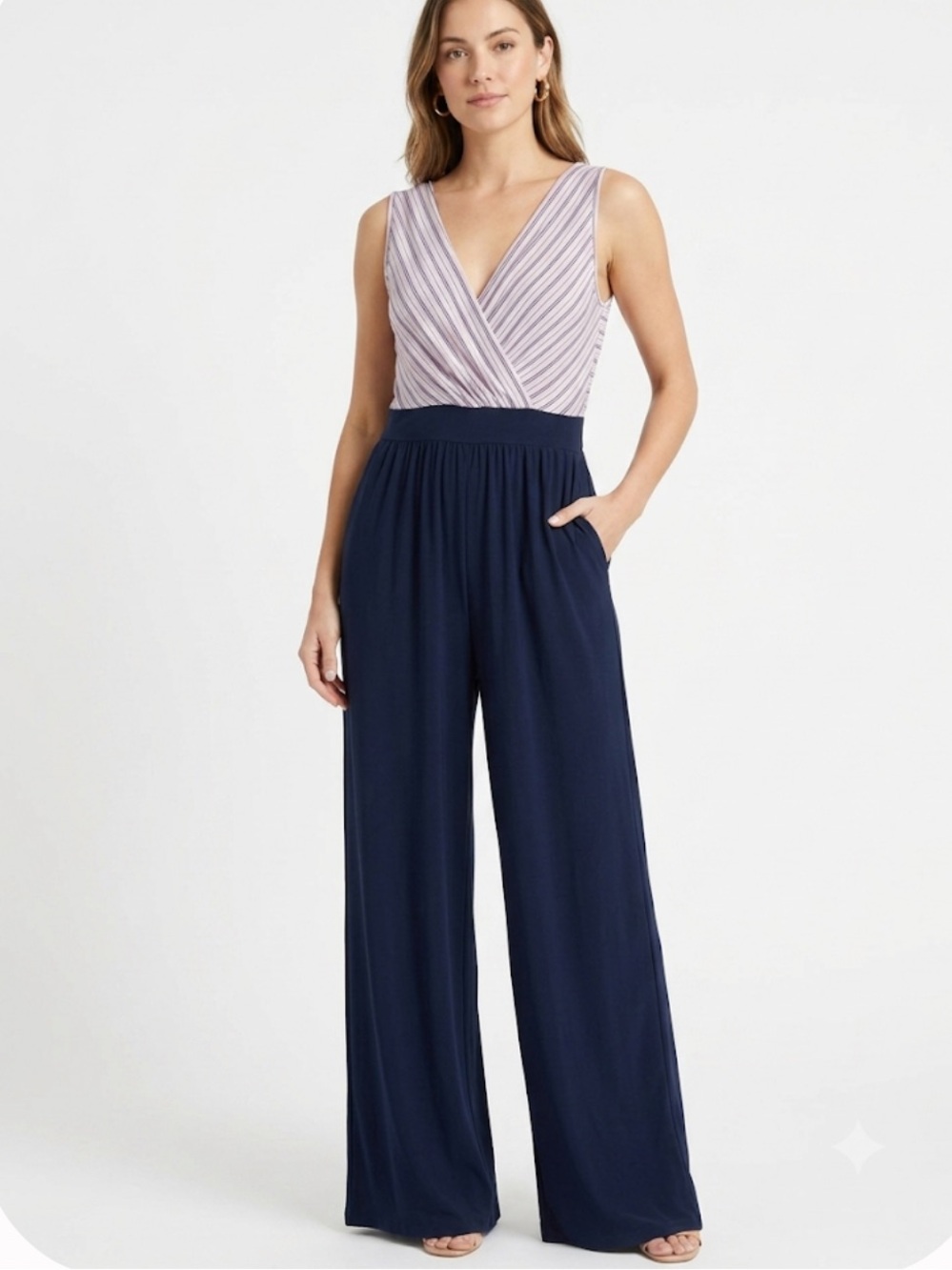 Kaileigh Navy Wide-Leg Striped Wrap Bodice Jumpsuit
